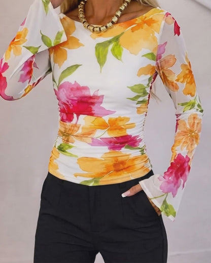 Women's Watercolor Floral Boat Neck Mesh Flare Sleeve Ruched Slim Fit Top