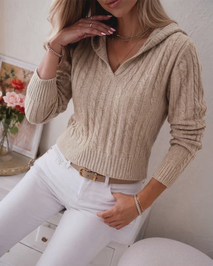 Women's Cable Knit Hooded Sweater V Neck Long Sleeve Pullover Top
