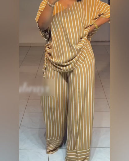 Women's Striped 2 Piece Outfits V Neck Short Sleeve Drawstring Top and Wide Leg Pants Set with Pockets