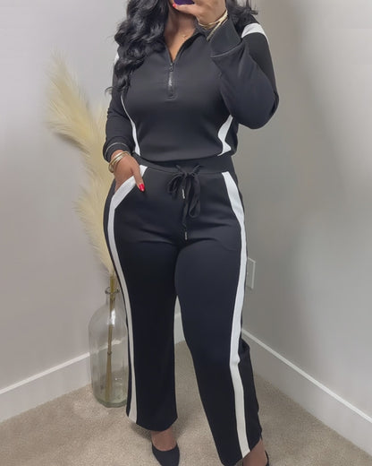 2 Pieces Outfit Half Zip Long Sleeve Top and Drawstring Elastic Waist Pants Set Casual Contrast Paneled Side Set