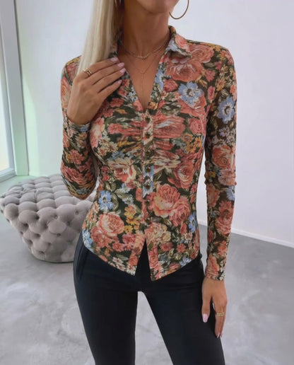 Vintage Oil Painting Floral Print Turn-down Collar V-Neck Button Front Shirt Slim Fit Long Sleeve Ruched Sheer Mesh Top with Lining