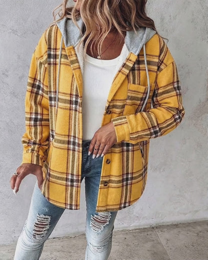 Women's Plaid Drawstring Hoodie Coat Casual Fleece Lined Jacket