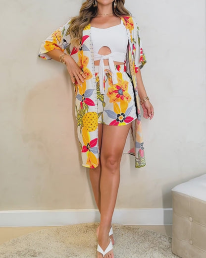 2 Pieces Outfit Open Front Half Sleeve Tie Waist Mid-length Cardigan and Drawstring Elastic Waist Shorts Set Casual Tropical Floral Print Vacation Set