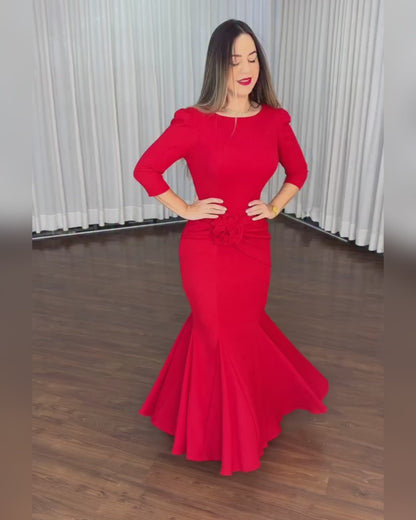 Women's 3D Floral Twist Mermaid Maxi Evening Gown Elegant Three Quarters Sleeve Bodycon Party Dress