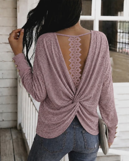 Women's Backless Lace Spliced Twist Back Long Sleeve Top Loose Casual Tee