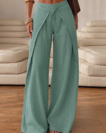 Women's Eyelet Jacquard High Waisted Wrap Wide Leg Pants Tied Split Flowy Trousers