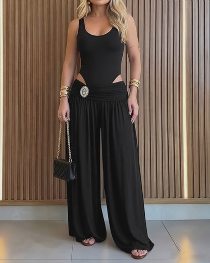 Women's 2 Piece Outfits Sleeveless Slim Fit Bodysuit and Rhinestone High Waist Ruched Wide Leg Pants Set