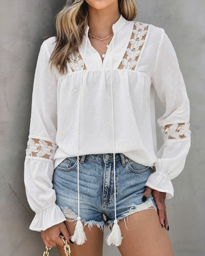Women's Butterfly Lace Patchwork Jacquard Shirt V-Neck Tassel Tie Blouse Loose Fit Flared Cuffs Hollow-Out Top