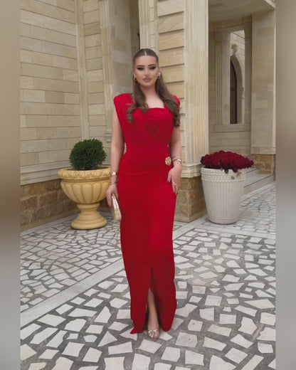 Women's Ruched Wrap Maxi Dress Elegant Gold Buckle High Waist Evening Dress