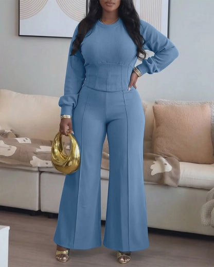 2 Pieces Outfit O-neck Long Sleeve Cinched Waist Sweatshirt and Elastic Waist Wide Leg Pants Set Casual Seam Design Sweatpants Set