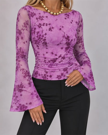 Women's Flocked Floral Boat Neck Sheer Mesh Flare Sleeve Ruched Slim Fit Top