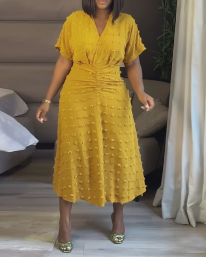 Swiss Dot V Neck Short Sleeve Dress Casual Ruched Waist Midi Dress