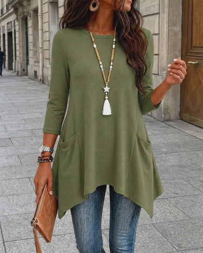 Women's Ribbed Asymmetrical Hem Top Crewneck Three Quarters Sleeve A-Line Casual Top