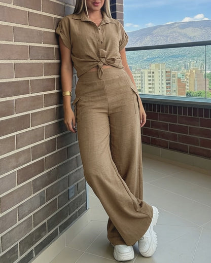 Women's 2 Piece Set Roll Up Sleeve Button Down Shirt and High Waist Wide Leg Pants