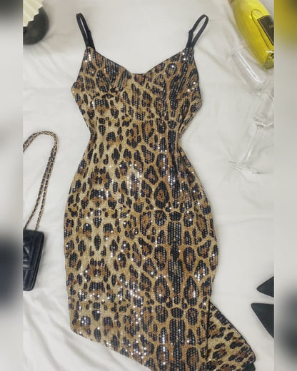 Sequin Leopard Pattern V-Neck Spaghetti Strap Bodycon Dress Slit Party Club Sexy Dress