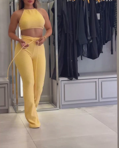 2 Pieces Outfit Halter Backless Tied Detail Crop Top and High Waist Drawstring Elastic Waist Slim Fit Flared Pants Set Casual Waffle Set