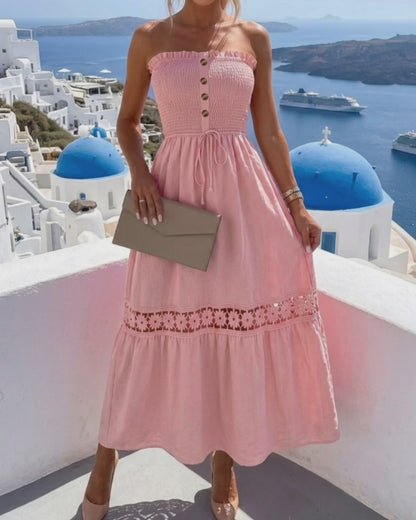 Women's Strapless Shirred Maxi Dress Lace Splice Tied Detail Frill Trim Sundress with Detachable Clear Straps