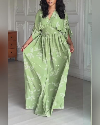 Plants Print Overlap V-Neck Drawstring Sleeve Shirred Waist Maxi Dress Casual Cinched Waist Zipper Back Vacation Dress