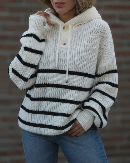Women's Striped Henley Drawstring Hooded Sweater Loose Fit Lantern Sleeve Knit Pullover