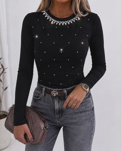 Women's Rhinestone Crewneck Long Sleeve Slim Fit Top