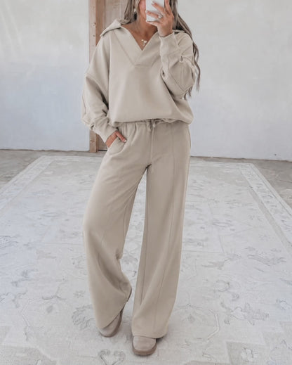 Women's Two Piece Sweatsuit Polo V Neck Pullover and Drawstring Wide Leg Pants Casual Lounge Set