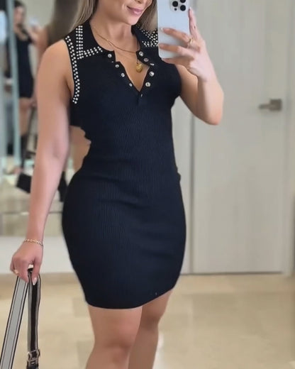 Studded Polo Collar Sleeveless Half Snap Button Front Bodycon Dress Elegant Knit Mini Dress