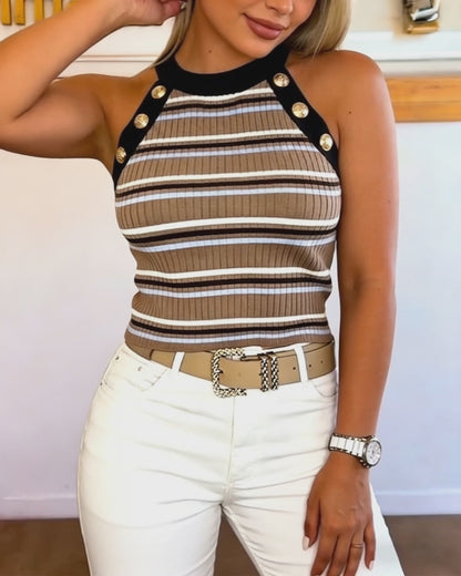 Women's French Retro Striped Halter Top Sleeveless Rib-Knit Tank with Gold Button Accents