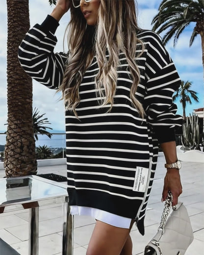 Women's Striped Sweatshirt Dress Long Sleeve Crew Neck Casual Pullover Side Zipper Trendy Streetwear