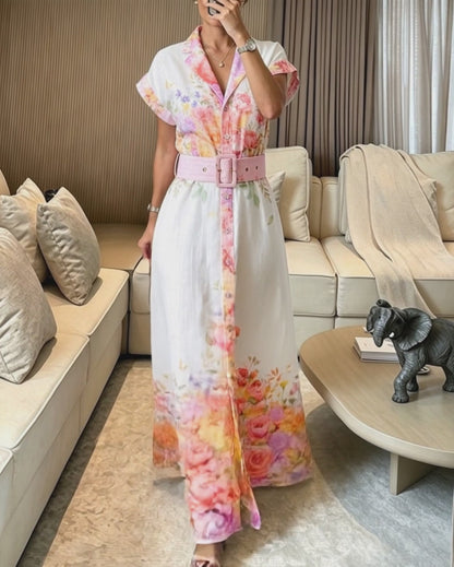 Women's Floral Print Maxi Dress Notched Collar Button Down Swing Dress Elegant French Style Vacation Dress with Belt