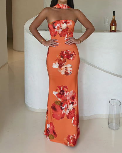 CHICME Women's Tropical Floral Print Mermaid Maxi Dress Convertible Halter Tube Dress Sleeveless Bodycon Evening Dress