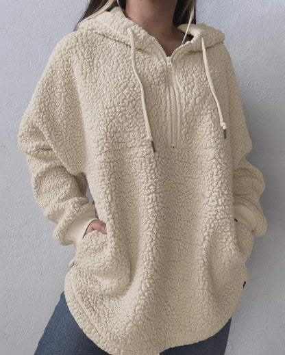 Women's Half Zip Oversized Fleece Hoodie Top Casual Drawstring Slit Hem Fuzzy Pullover Sweatshirt