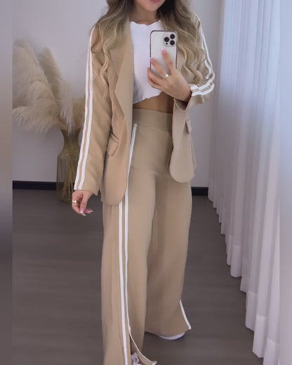 2 Pieces Outfit Notched Collar Long Sleeve Flap Detail Coat and Elastic Back Waist Side Slit Straight Leg Pants Set Casual Contrast Side Striped Blazer Set