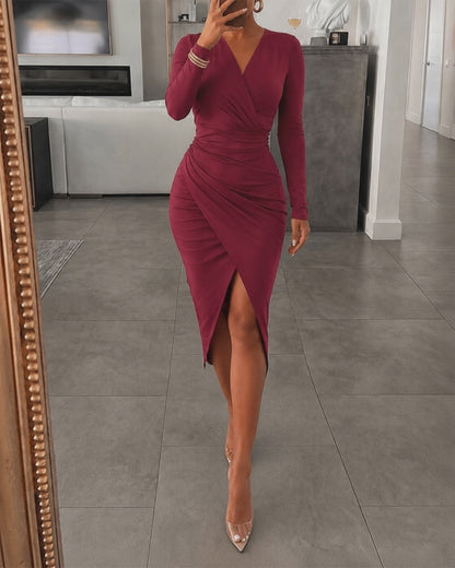 Women's Deep V Neck Long Sleeve Bodycon Dress Ruched Wrapped Slit Cocktail Dress