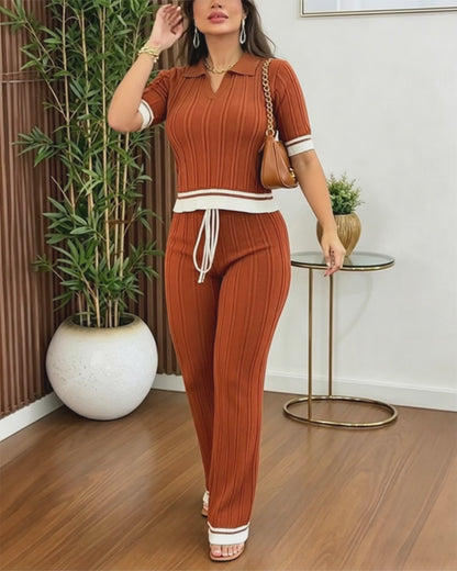 Women's Contrast Binding Two Piece Knit Set Short Sleeve Top and Drawstring Straight Leg Pants Casual Loungewear