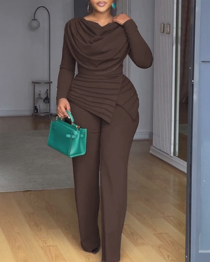 Cowl Neck Asymmetrical Textured Patchwork Cinched Waist Jumpsuit Casual Zipper Back Wide Leg Jumpsuit