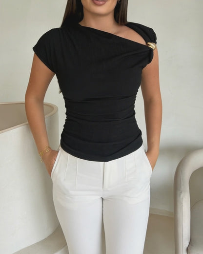 CHICME Women's Skew Neck Ruched Top Asymmetric Neckline Short Sleeve Knit Blouse with Gold Buckle Detail