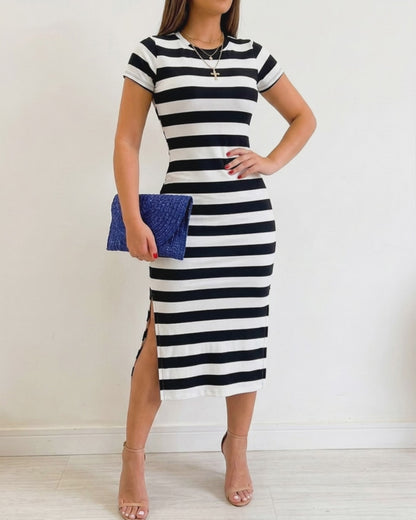 Women's Casual Striped Midi Dress Short Sleeve Crewneck Tie Waist T Shirt Dress Side Slit Commuting Dress