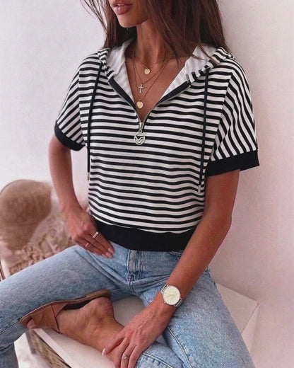 Women's Striped Half Zip Drawstring Hoodie Short Sleeve Sweatshirt Loose Contrast Trim Casual Pullover Top
