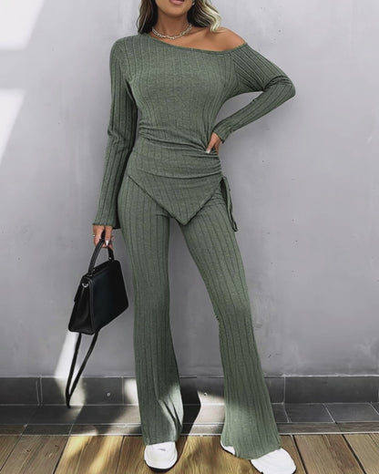 2 Pieces Outfit Skew Neck Long Sleeve Side Drawstring Asymmetrical Hem Top and Elastic Waist Flared Pants Set Casual Ribbed Set