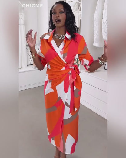 All Over Print Turn Down Collar Tied Detail Dress Casual Ruched Wrap Front Vacation Dress