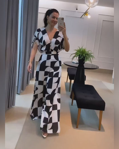 Geometric Print V-Neck Short Sleeve Zipper Jumpsuit