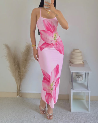 Women's Floral Print Cami Maxi Dress Adjustable Spaghetti Strap Bodycon Long Dress Summer Vacation Sundress
