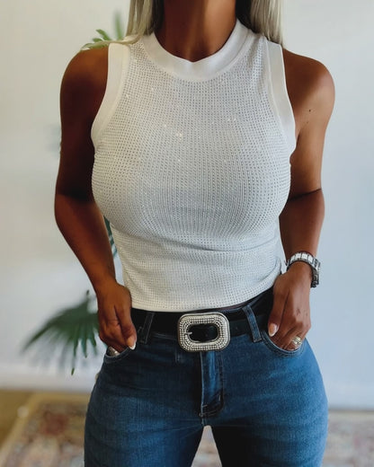 Rhinestone Decor O-neck Sleeveless Knit Tee Slim Fit Tank Top