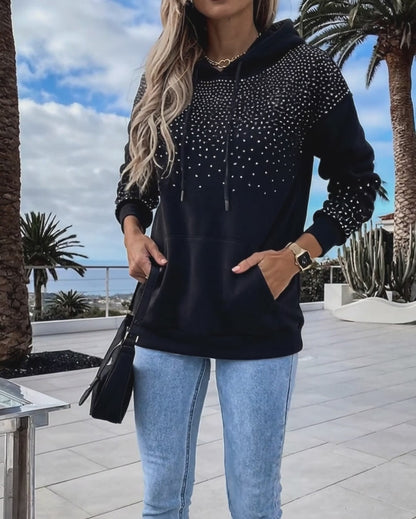 Women's Rhinestone Drawstring Hooded Sweatshirt Casual Sparkly Loose Fit Pullover