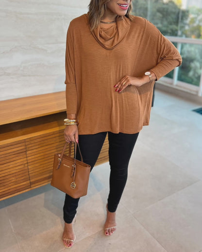 Women's Cowl Neck Batwing Sleeve Top Casual Long Sleeve Loose Pullover Comfortable Soft Drape Blouse