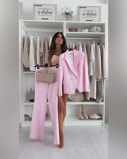 2 Pieces Outfit Notched Collar Double-Breasted Flap Detail Coat and Zipper Fly Elastic Back Waist Slim Fit Flared Pants Set Casual Blazer Set