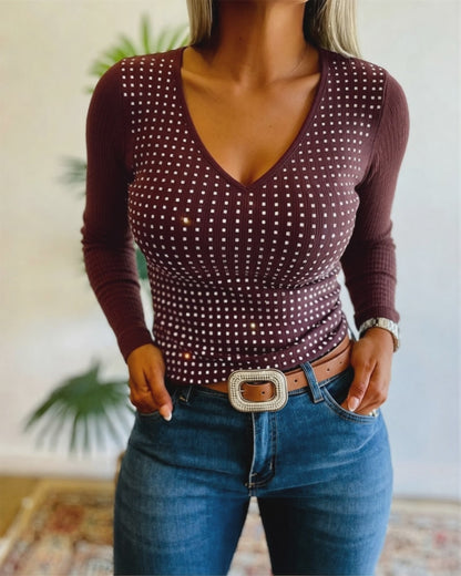 Women's V Neck Rhinestone Top Long Sleeve Ribbed Knit Tee Slim Fit Pullover Casual Base Layering Top