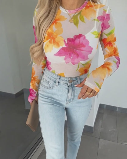 Women's Floral Print Sheer Mesh Top Long Sleeve Slim Fit Crewneck Layering Top with Thumb Hole Cuffs