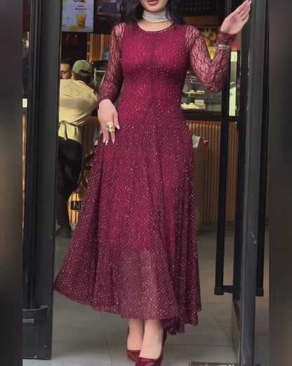 Women's Rhinestone Lace Long Sleeve Maxi Dress Crew Neck Textured A-Line Evening Gown