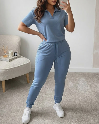 Women's 2-Piece Sporty Set Short Sleeve Half Zip Top and High Waisted Joggers Casual Lounge Outfit with Pockets